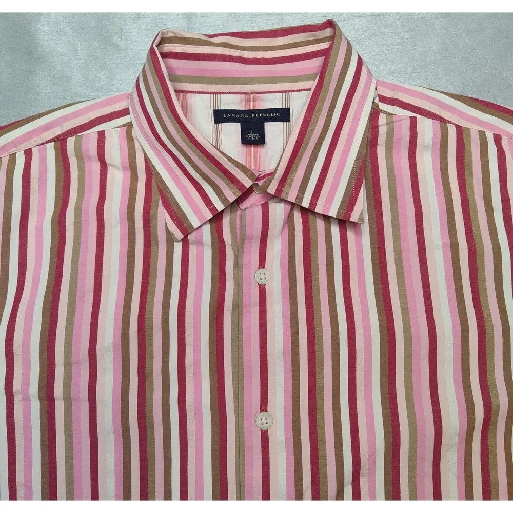 BANANA REPUBLIC Men Large Pink Striped‎ Cotton Flip Cuff Button Shirt